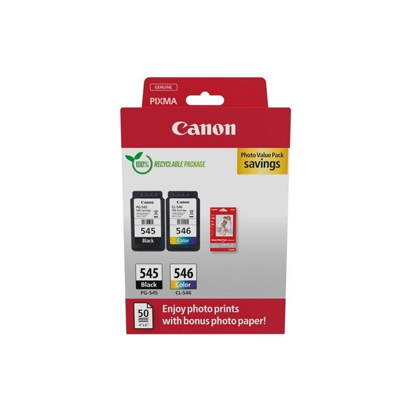 CANON TINTA ECOPACK BK+ C / M / Y + 50H PAPEL FOTOGRÁFICO 10X15 PARA PIXMA IP 2850 - MG 2450/2550 - TR 4550/4551 - PG 545 + CL 5