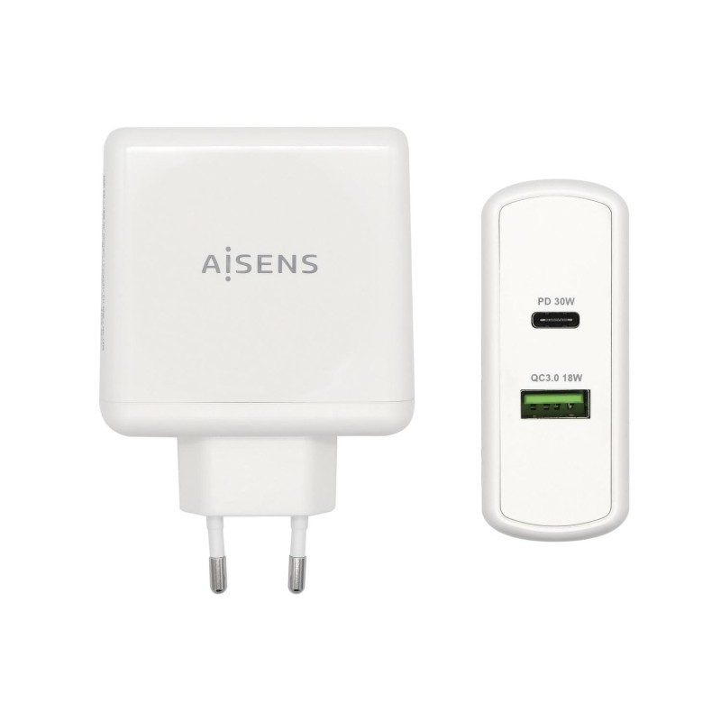 AISENS CARGADOR 48W, 1XUSB-C PD3.0 30W, 1XUSB-A QC3.0 18W, BLANCO
