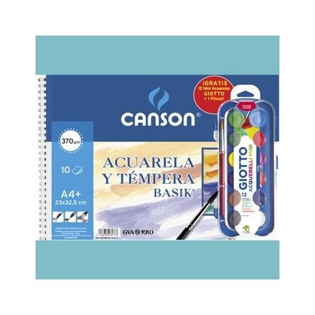 CANSON BLOC ACUARELA Y TÉMPERA BASIK ESPIRAL 10 HOJAS + 12 ACUERLAS MINI + PINCEL GRATIS 370GR 23X32,5CM UNITARIO