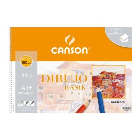 CANSON BLOC DIBUJO BASIK ESPIRAL 20H A3+ 150GR MICROPERFORADO C/RECUADRO BLANCO NATURAL