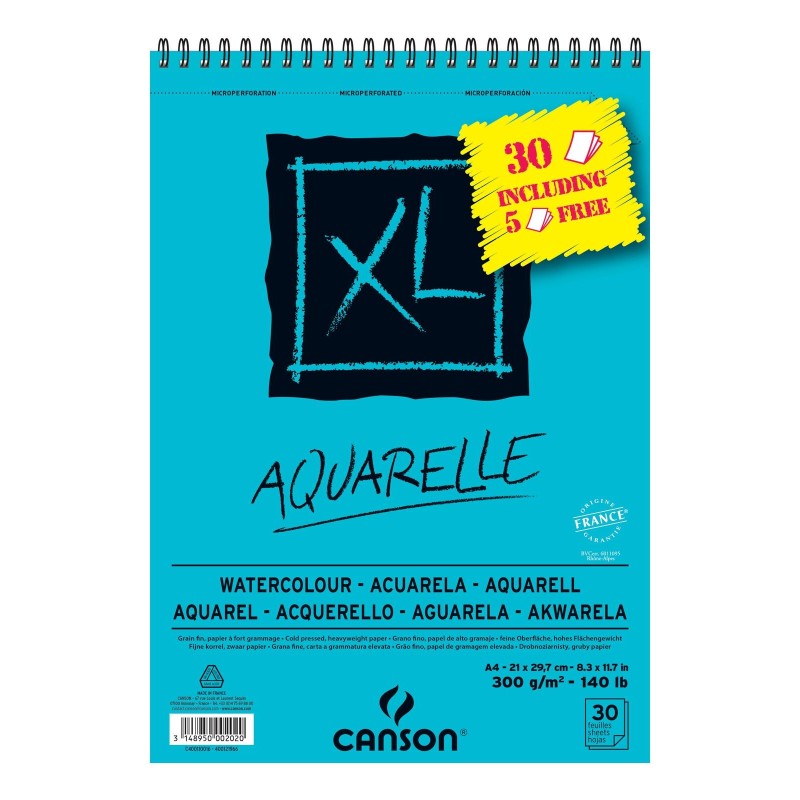 CANSON BLOC ACUARELA AQUARELLE FINO XL ESPIRAL 25 + 5(GRATIS) HOJAS 300GR 21X29,7CM -