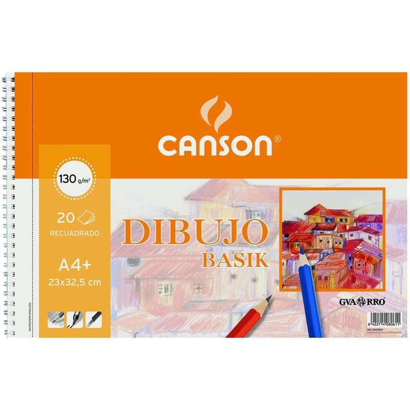 CANSON BLOC DIBUJO BASIK ESPIRAL 20H+20% GRATIS A4+ 130GR MICROPERFORADO C/RECUADRO BLANCO NATURAL -10U-