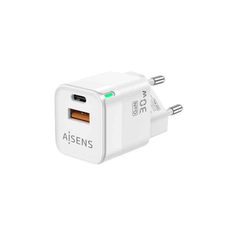 AISENS CARGADOR GAN 30W, 1XUSB-C PD3.0 QC4.0, 1XUSB-A QC3.0, BLANCO