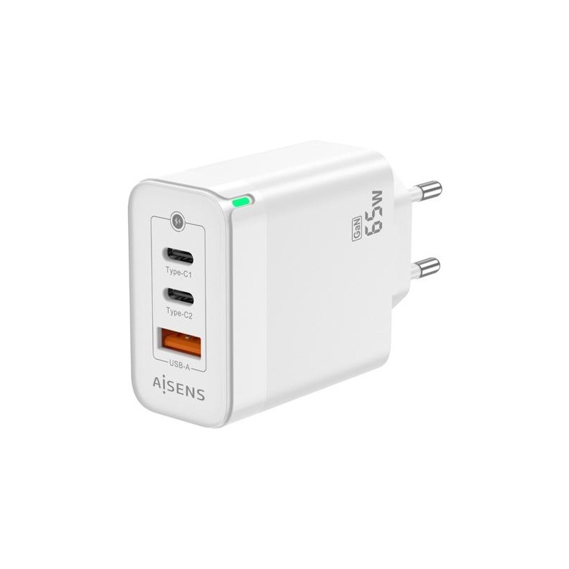 AISENS CARGADOR GAN 65W, 2XUSB-C PD3.0 QC4.0, 1XUSB-A QC3.0, BLANCO