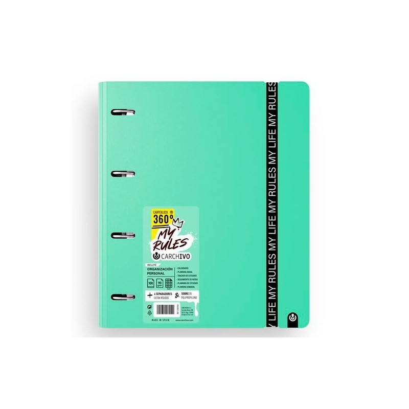 CARCHIVO CARPEBLOCK 360 MY RULES CON RECAMBIO 100H A4 5X5 90GR 4 SEPARADORES PP FOAM JADE