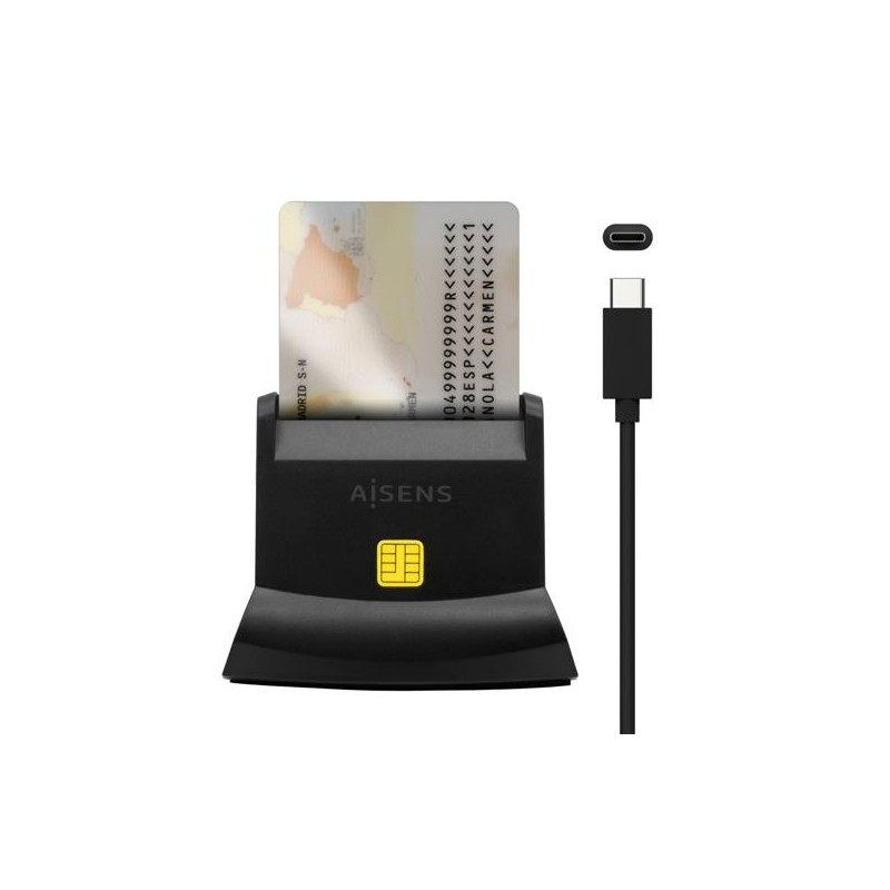 AISENS LECTOR DE TARJETAS INTELIGENTE DNI CON LECTOR DE TARJETAS SIM, SD, MIROSD, MMC, RS-MMC, MMC MICRO, USB-C, NEGRO