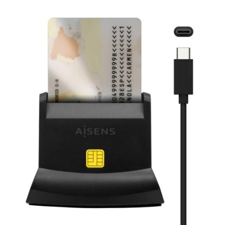 AISENS LECTOR DE TARJETAS INTELIGENTE DNI CON LECTOR DE TARJETAS SIM, SD, MIROSD, MMC, RS-MMC, MMC MICRO, USB-C, NEGRO