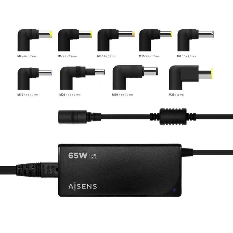 AISENS CARGADOR UNIVERSAL MULTITENSION PARA PORTATIL 65W AUTOMATICO CON 9 CONECTORES + USB-A QC.3.0