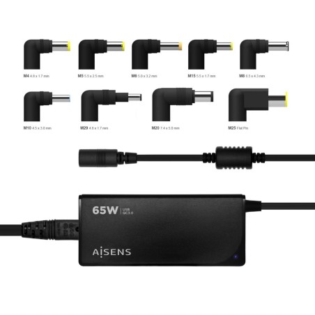 AISENS CARGADOR UNIVERSAL MULTITENSION PARA PORTATIL 65W AUTOMATICO CON 9 CONECTORES + USB-A QC.3.0