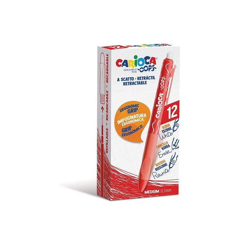 CARIOCA BOLÍGRAFO TINTA BORRABLE OOPS RETRÁCTIL MONOCOLOR ROJO CAJA 12 UD