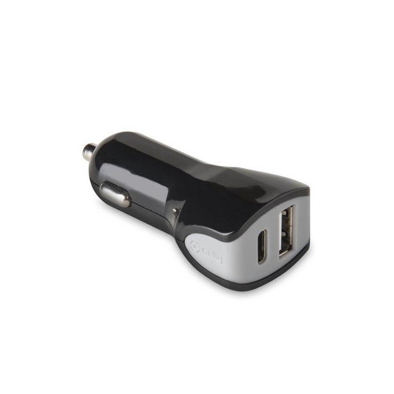 CELLY CARGADOR DE COCHE 1 USB - 1 USB-C 17W NEGRO