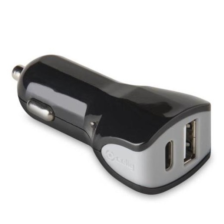 CELLY CARGADOR DE COCHE 1 USB - 1 USB-C 17W NEGRO