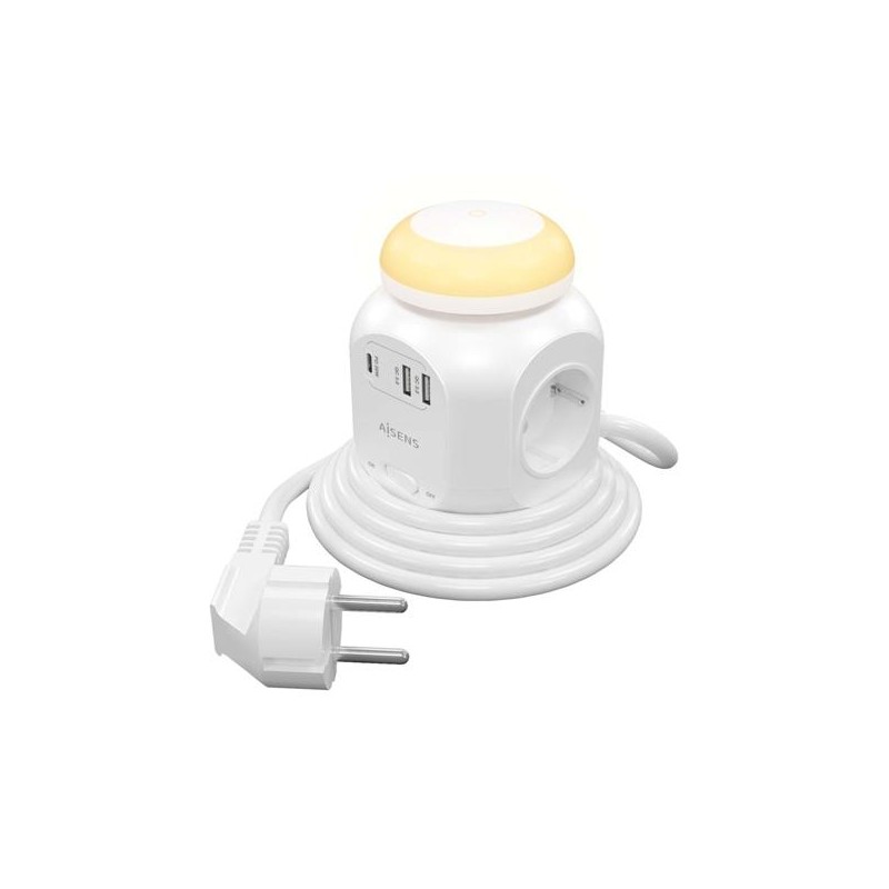 AISENS REGLETA DE ENCHUFES SOBREMESA MULTIFUNCION CON 4 TOMAS + 1XUSB-C 20W PD3.0, 2XUSB-A 18W QC3.0, LUZ NOCTURNA, 1.8M, BLANCO