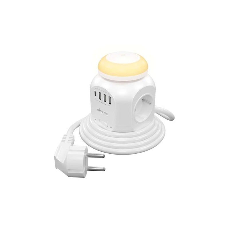 AISENS REGLETA DE ENCHUFES SOBREMESA MULTIFUNCION CON 4 TOMAS + 1XUSB-C, 3XUSB-A, LUZ NOCTURNA, 1.8M, BLANCO