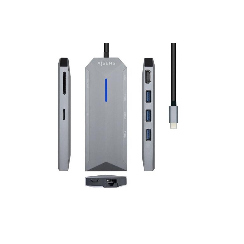 AISENS DOCK STATION 8 EN 1 USB-C A 1XHDMI, 1XRJ45, 3XUSB, 1XPD, 1XSD, 1XMICRO SD, GRIS