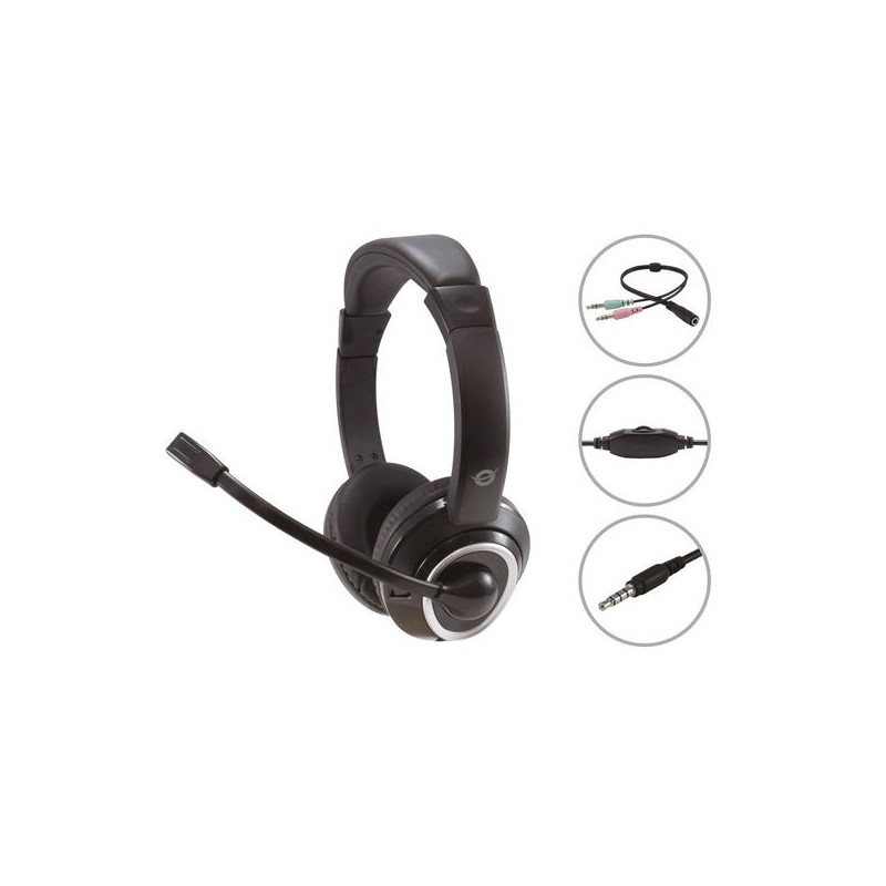 CONCEPTRONIC AURICULARES JACK 3.5 MM MICROFONO FLEXIBLE CONTROL VOLUMEN INCLUYE ADAPTADOR 1 A 2 JACKS 3.5 MM NEGRO