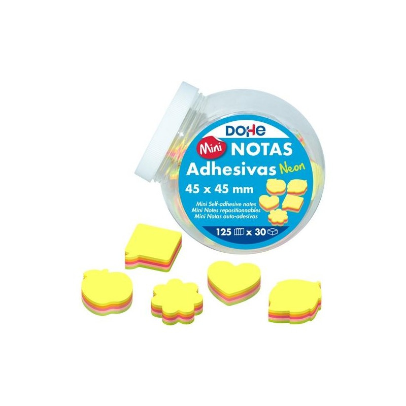 DOHE MINI NOTAS ADHESIVAS 45X45MM 125H DIVERSAS FORMAS COLORES SURTIDOS NEÓN EXPOSITOR 30 UD
