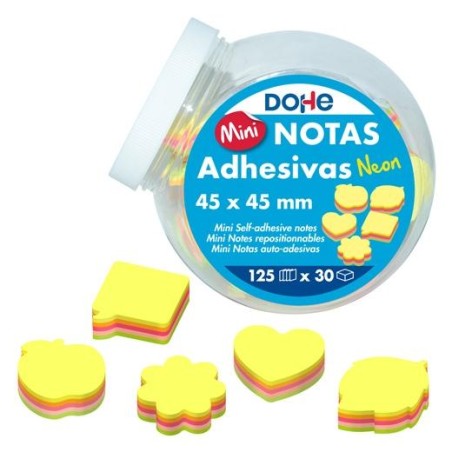 DOHE MINI NOTAS ADHESIVAS 45X45MM 125H DIVERSAS FORMAS COLORES SURTIDOS NEÓN EXPOSITOR 30 UD