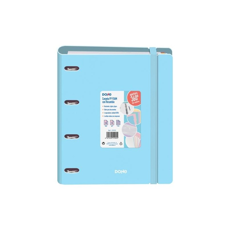 DOHE CARPETA ANILLAS MIXTAS 4X35MM RECAMBIO A4 100H 5X5MM 90GR 4 SEPARADORES POLYFOAM AZUL PASTEL