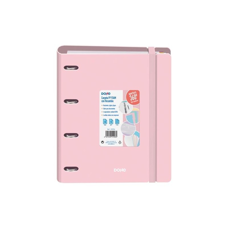 DOHE CARPETA ANILLAS MIXTAS 4X35MM RECAMBIO A4 100H 5X5MM 90GR 4 SEPARADORES POLYFOAM ROSA PASTEL