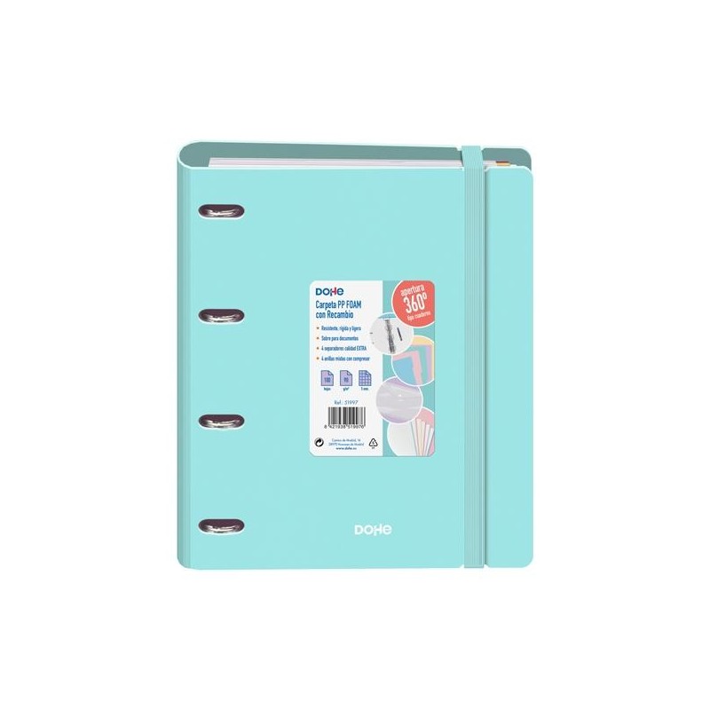 DOHE CARPETA ANILLAS MIXTAS 4X35MM RECAMBIO A4 100H 5X5MM 90GR 4 SEPARADORES POLYFOAM VERDE PASTEL