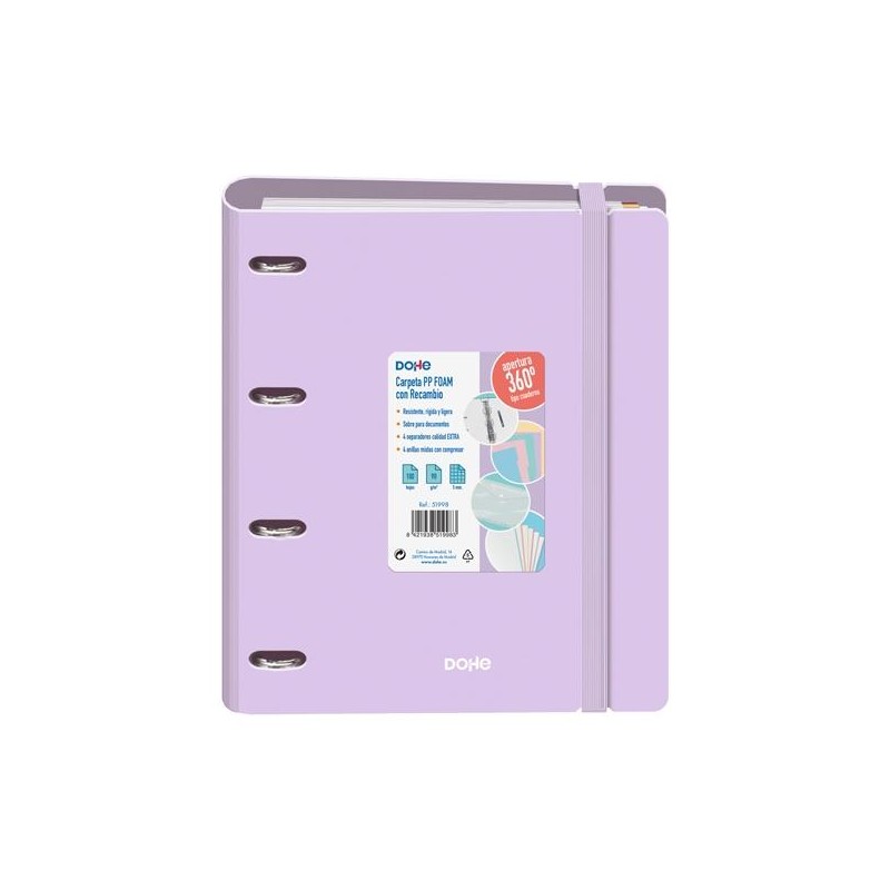 DOHE CARPETA ANILLAS MIXTAS 4X35MM RECAMBIO A4 100H 5X5MM 90GR 4 SEPARADORES POLYFOAM MORADO PASTEL