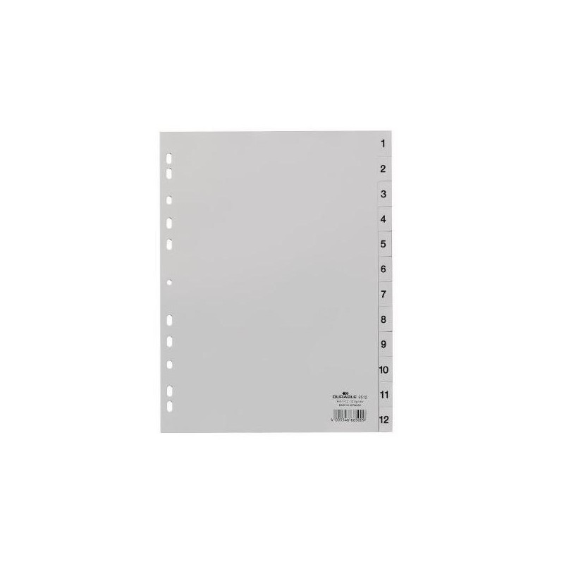 DURABLE ÍNDICES PP CON PESTAÑAS IMPRESAS DIVISIÓN NUMÉRICA 1-12 VERTICAL A4 GRIS