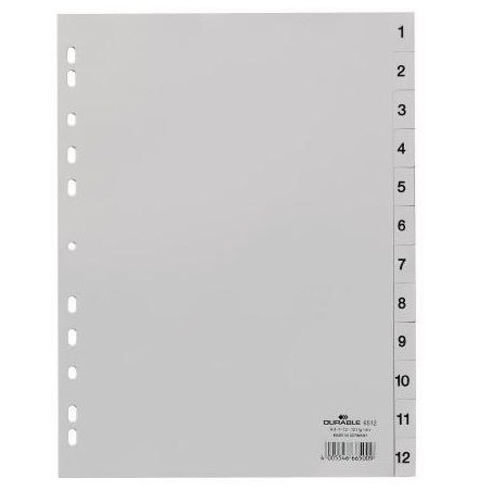 DURABLE ÍNDICES PP CON PESTAÑAS IMPRESAS DIVISIÓN NUMÉRICA 1-12 VERTICAL A4 GRIS