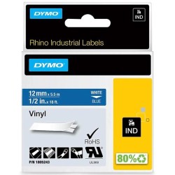 DYMO RHINO CINTA DE ETIQUETAS INDUSTRIAL ADHESIVA ID1-12, BLANCO SOBRE AZUL DE 12MMX5´5M, VINILO