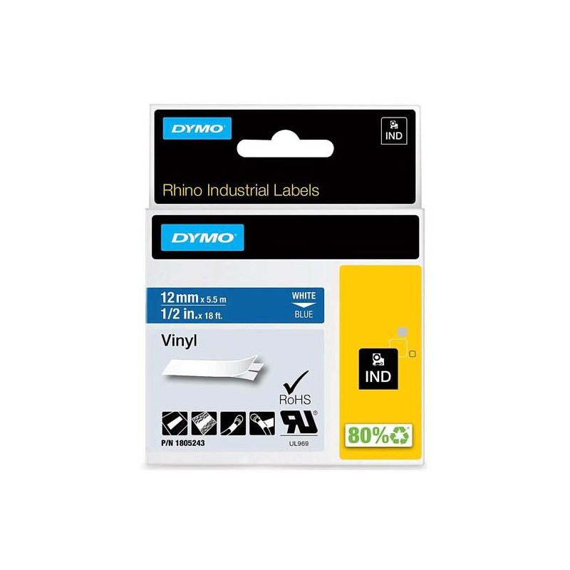 DYMO RHINO CINTA DE ETIQUETAS INDUSTRIAL ADHESIVA ID1-12, BLANCO SOBRE AZUL DE 12MMX5´5M, VINILO