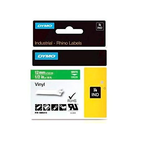 DYMO RHINO CINTA DE ETIQUETAS INDUSTRIAL ADHESIVA ID1-12, BLANCO SOBRE VERDE DE 12MMX5´5M, VINILO