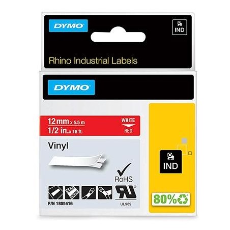 DYMO RHINO CINTA DE ETIQUETAS INDUSTRIAL ADHESIVA ID1-12, BLANCO SOBRE ROJO DE 12MMX5´5M, VINILO