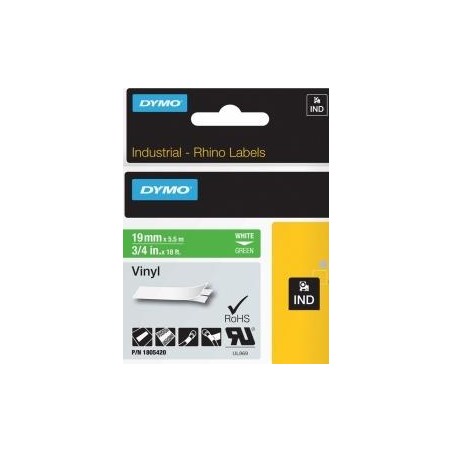 DYMO RHINO CINTA DE ETIQUETAS INDUSTRIAL ADHESIVA ID1-19, BLANCO SOBRE VERDE DE 19MMX5´5M, VINILO