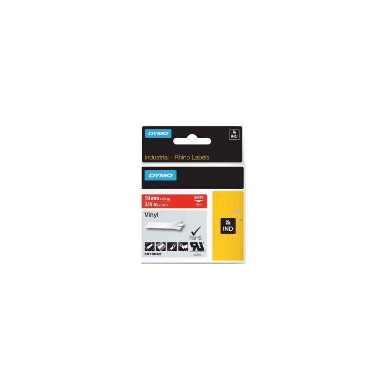 DYMO RHINO CINTA DE ETIQUETAS INDUSTRIAL ADHESIVA ID1-19, BLANCO SOBRE ROJO DE 19MMX5´5M, VINILO