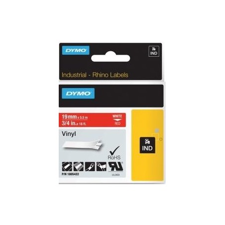 DYMO RHINO CINTA DE ETIQUETAS INDUSTRIAL ADHESIVA ID1-19, BLANCO SOBRE ROJO DE 19MMX5´5M, VINILO