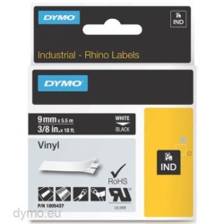 DYMO RHINO CINTA ID1-9, BLANCO SOBRE NEGRO, 9MMX5´5M, VINILO