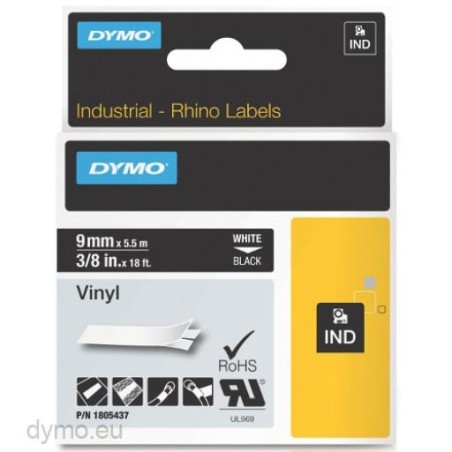 DYMO RHINO CINTA ID1-9, BLANCO SOBRE NEGRO, 9MMX5´5M, VINILO
