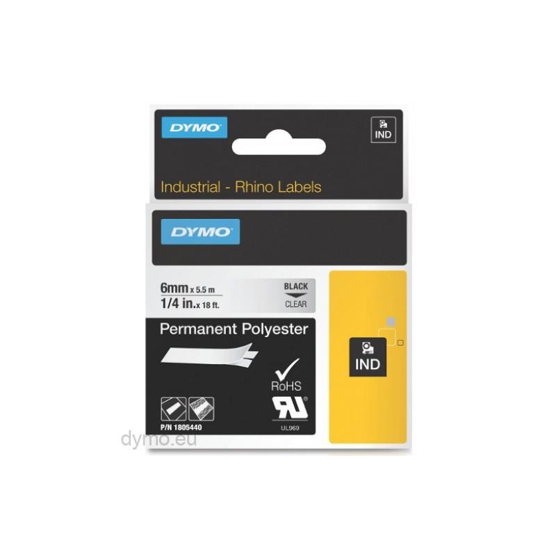 DYMO RHINO CINTA ID1-6, NEGRO SOBRE TRANSPARENTE, 6MMX5´5M, POLIÉSTER