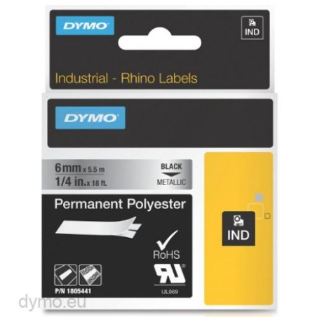 DYMO RHINO CINTA ID1-6, NEGRO SOBRE GRIS METÁLICO, 6MMX5´5M, POLIÉSTER