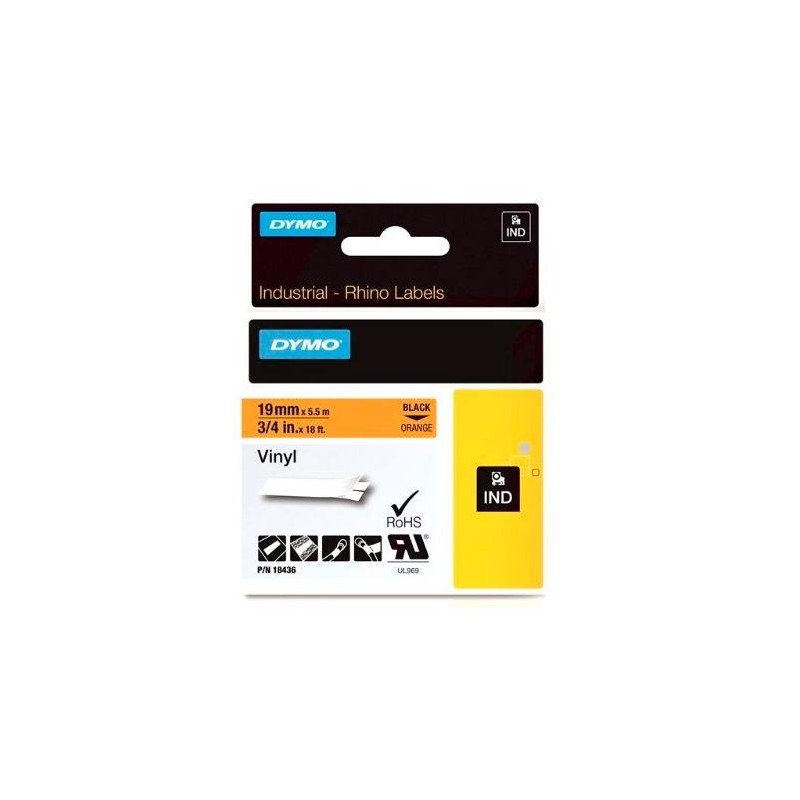 DYMO RHINO CINTA DE ETIQUETAS INDUSTRIAL ADHESIVA ID1-19, NEGRO SOBRE NARANJA DE 19MMX5´5M, VINILO (S0718500)