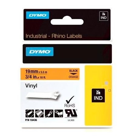 DYMO RHINO CINTA DE ETIQUETAS INDUSTRIAL ADHESIVA ID1-19, NEGRO SOBRE NARANJA DE 19MMX5´5M, VINILO (S0718500)