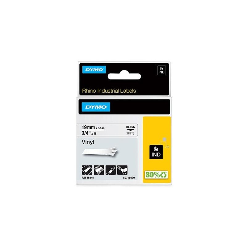DYMO RHINO CINTA DE ETIQUETAS INDUSTRIAL ADHESIVA ID1-19, NEGRO SOBRE BLANCO DE 19MMX5´5 M, VINILO (S0718620)