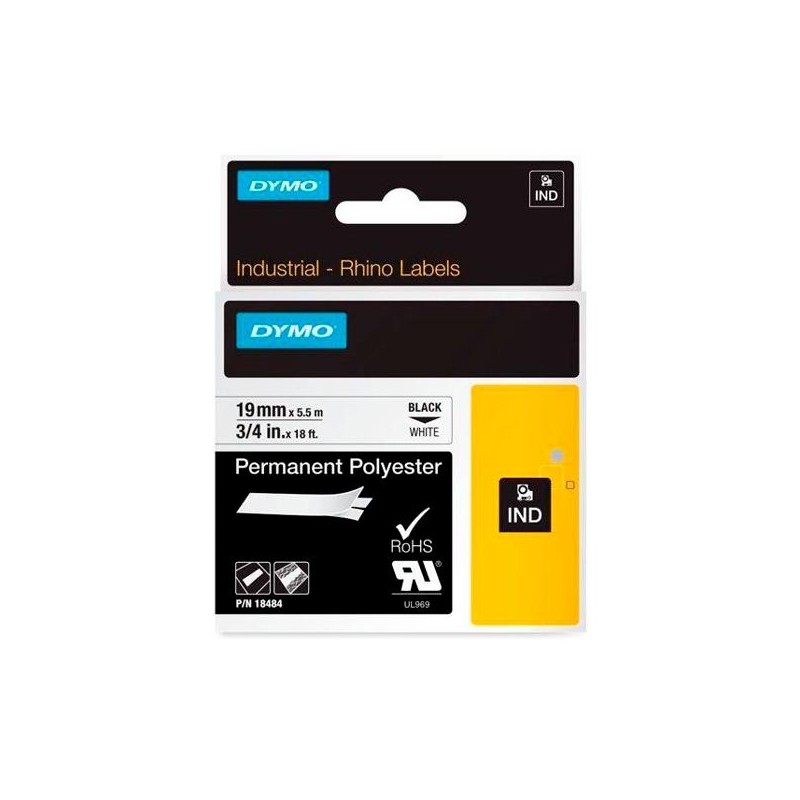 DYMO RHINO CINTA DE ETIQUETAS INDUSTRIAL ADHESIVA ID1-19, NEGRO SOBRE BLANCO DE 19MMX5´5 M, POLYESTER ((S0718220)