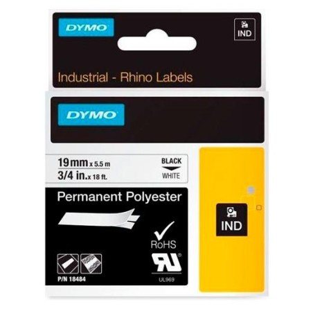 DYMO RHINO CINTA DE ETIQUETAS INDUSTRIAL ADHESIVA ID1-19, NEGRO SOBRE BLANCO DE 19MMX5´5 M, POLYESTER ((S0718220)