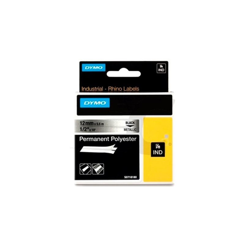 DYMO RHINO CINTA DE ETIQUETAS INDUSTRIAL ADHESIVA ID1-12, NEGRO SOBRE PLATEADO DE 12MMX5´5M, POLIESTER (S0718180)