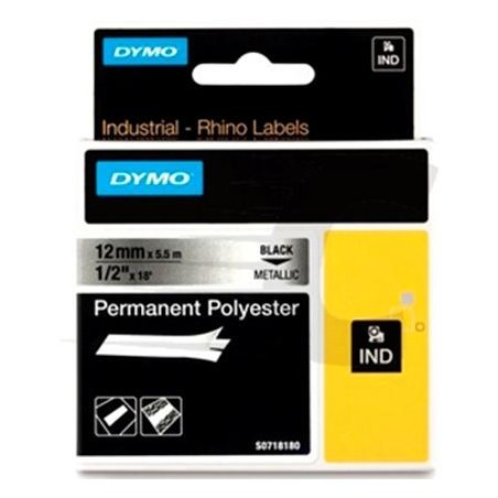 DYMO RHINO CINTA DE ETIQUETAS INDUSTRIAL ADHESIVA ID1-12, NEGRO SOBRE PLATEADO DE 12MMX5´5M, POLIESTER (S0718180)