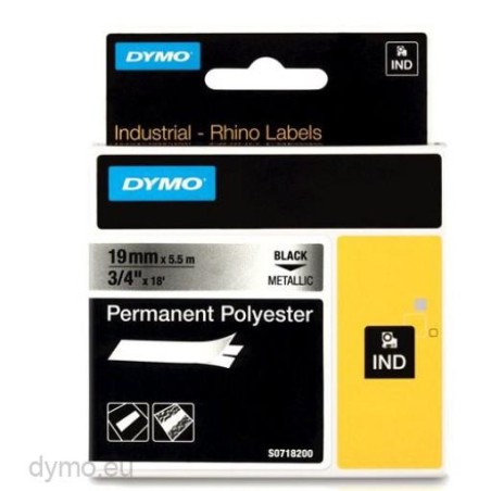 DYMO RHINO CINTA DE ETIQUETAS INDUSTRIAL ADHESIVA ID1-19, NEGRO SOBRE GRIS METÁLICO (PLATA) DE 19MMX5´5 M, POLYESTER (S0718200)
