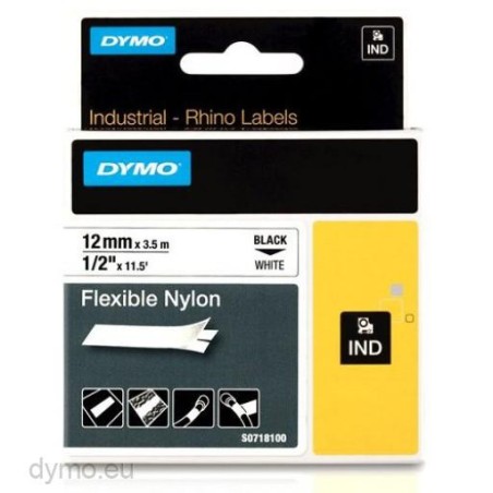 DYMO RHINO CINTA DE ETIQUETAS INDUSTRIAL ADHESIVA ID1-12, NEGRO SOBRE BLANCO DE 12MMX3´5M, NYLON FLEXIBLE (S0718100)