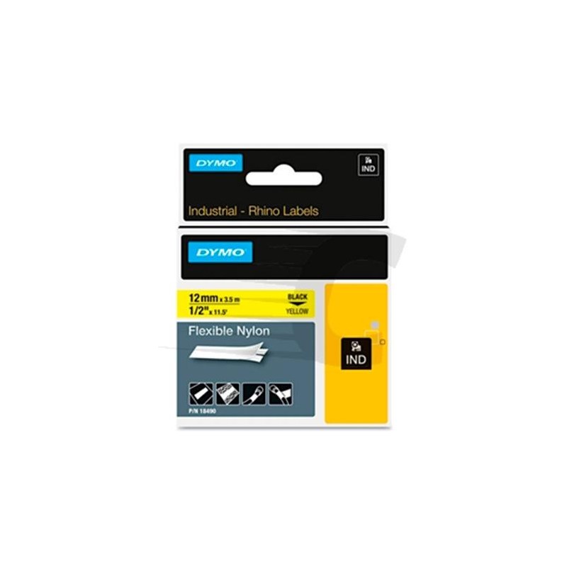 DYMO RHINO CINTA DE ETIQUETAS INDUSTRIAL ADHESIVA ID1-12, NEGRO SOBRE AMARILLO DE 12MMX3´5M, NYLON FLEXIBLE (S0718080)