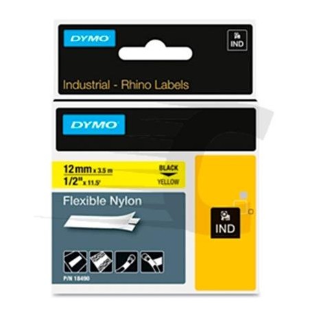 DYMO RHINO CINTA DE ETIQUETAS INDUSTRIAL ADHESIVA ID1-12, NEGRO SOBRE AMARILLO DE 12MMX3´5M, NYLON FLEXIBLE (S0718080)